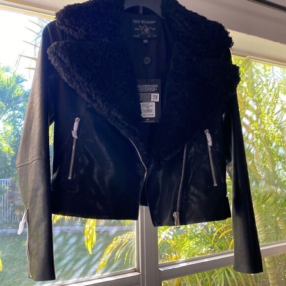NWT True Religion vegan leather biker jacket with lands wool collar size XS - Picture 1 of 5